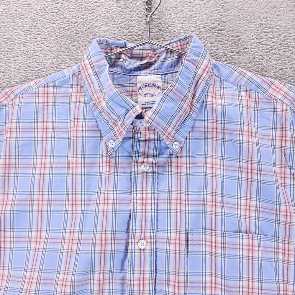 Brooks Brothers Shirt Mens L Blue Plaid Cotton Button Down Long Sleeve Casual